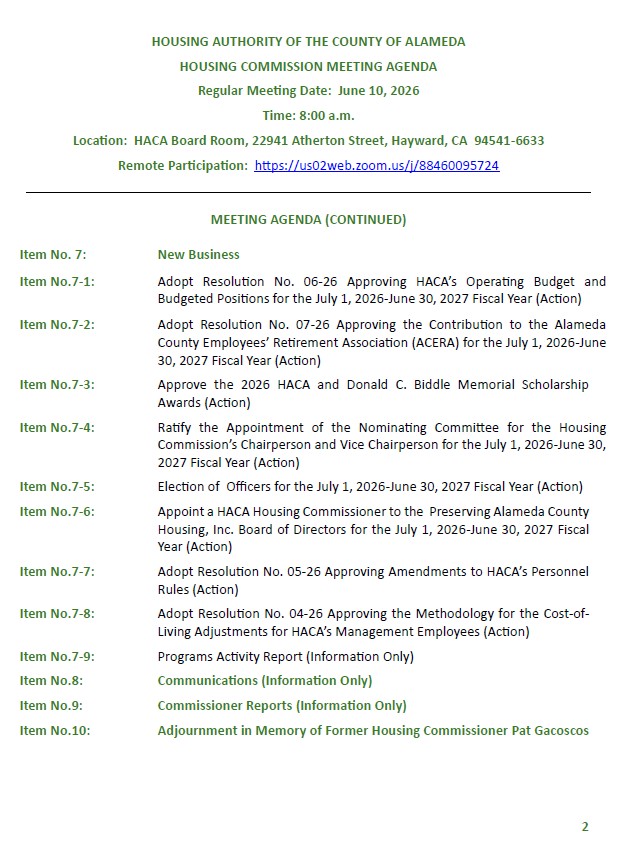 Housing Authority meeting agenda page with date, time, location, remote participation link, and a list of items for discussion.