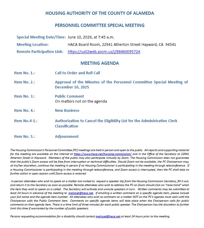 Meeting agenda for Housing Authority of Alameda County: Personnel Committee Special Meeting with date, time, location, and Zoom link.